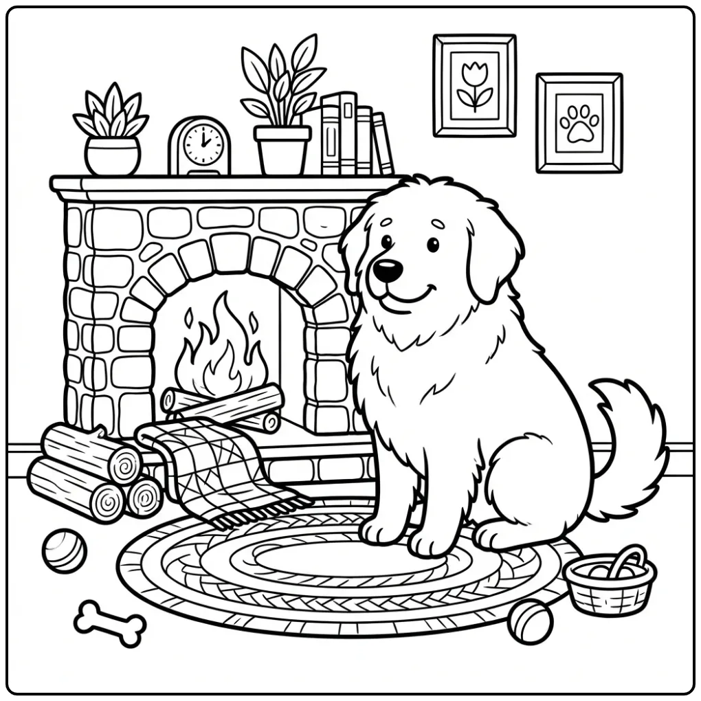 Fluffy Dog coloring page sitting by a cozy fireplace.