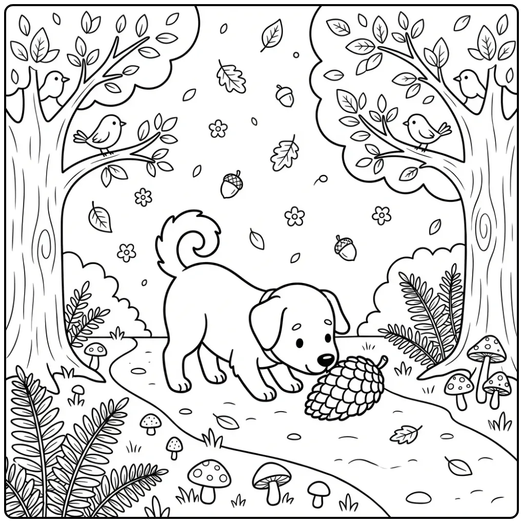 Dog coloring page showing a puppy sniffing a pinecone.