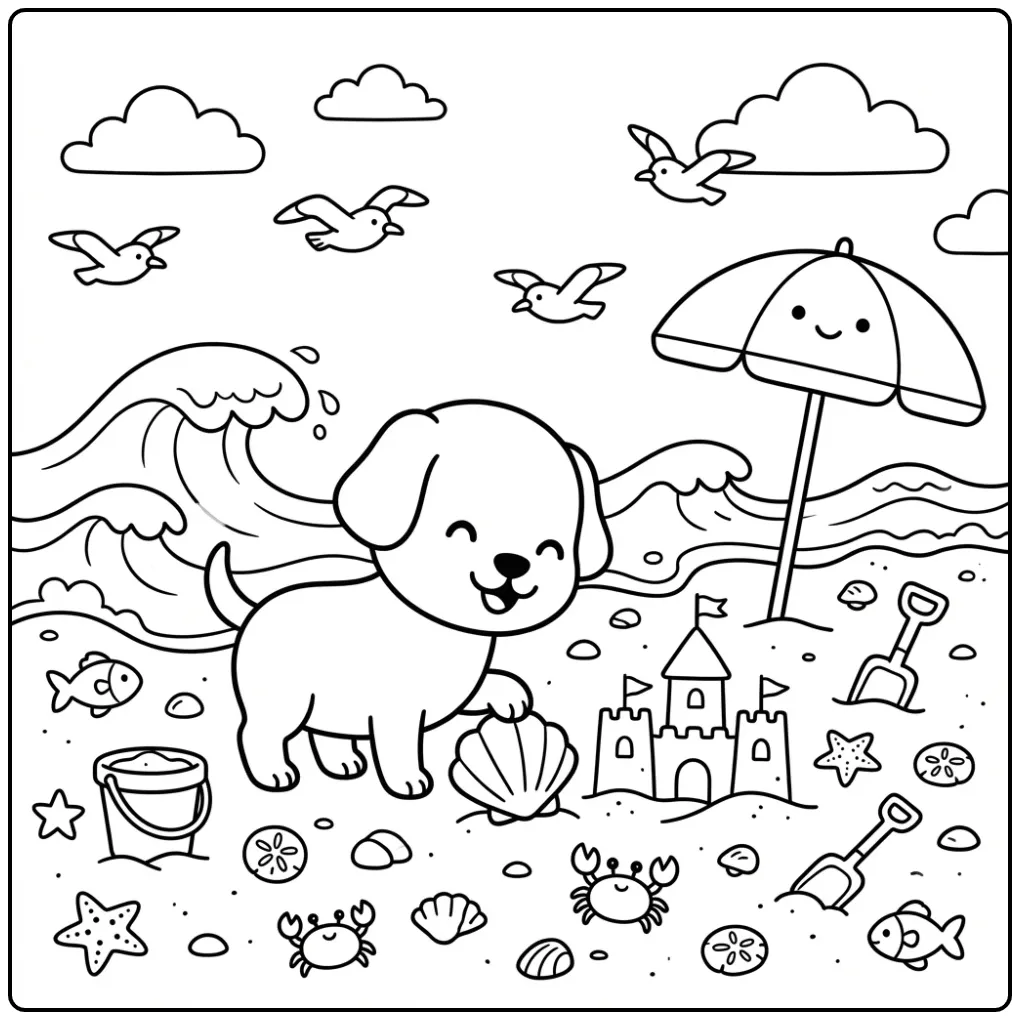 Printable Dog coloring page features puppy on beach
