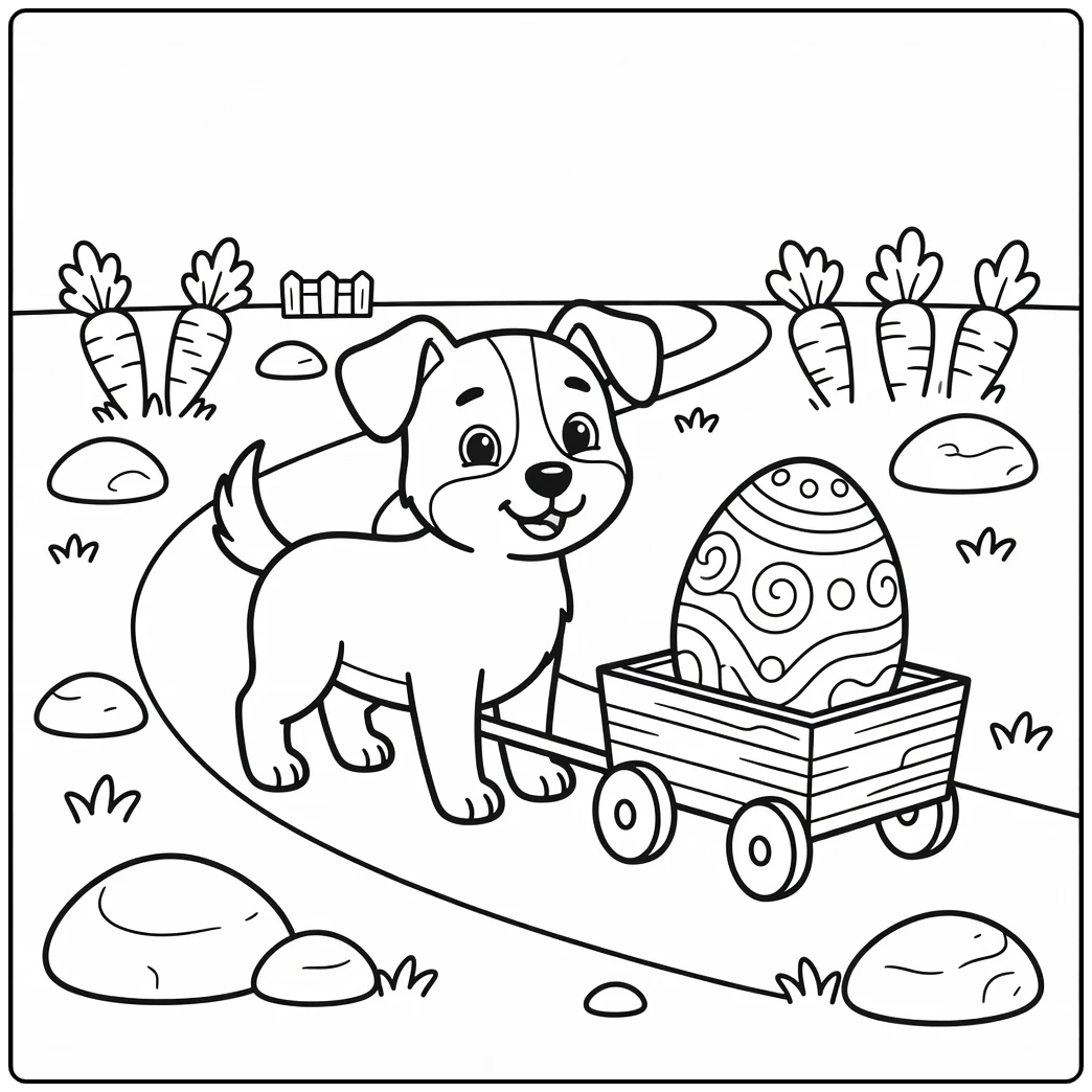 A happy dog pulls a large egg in this easter dog coloring page.