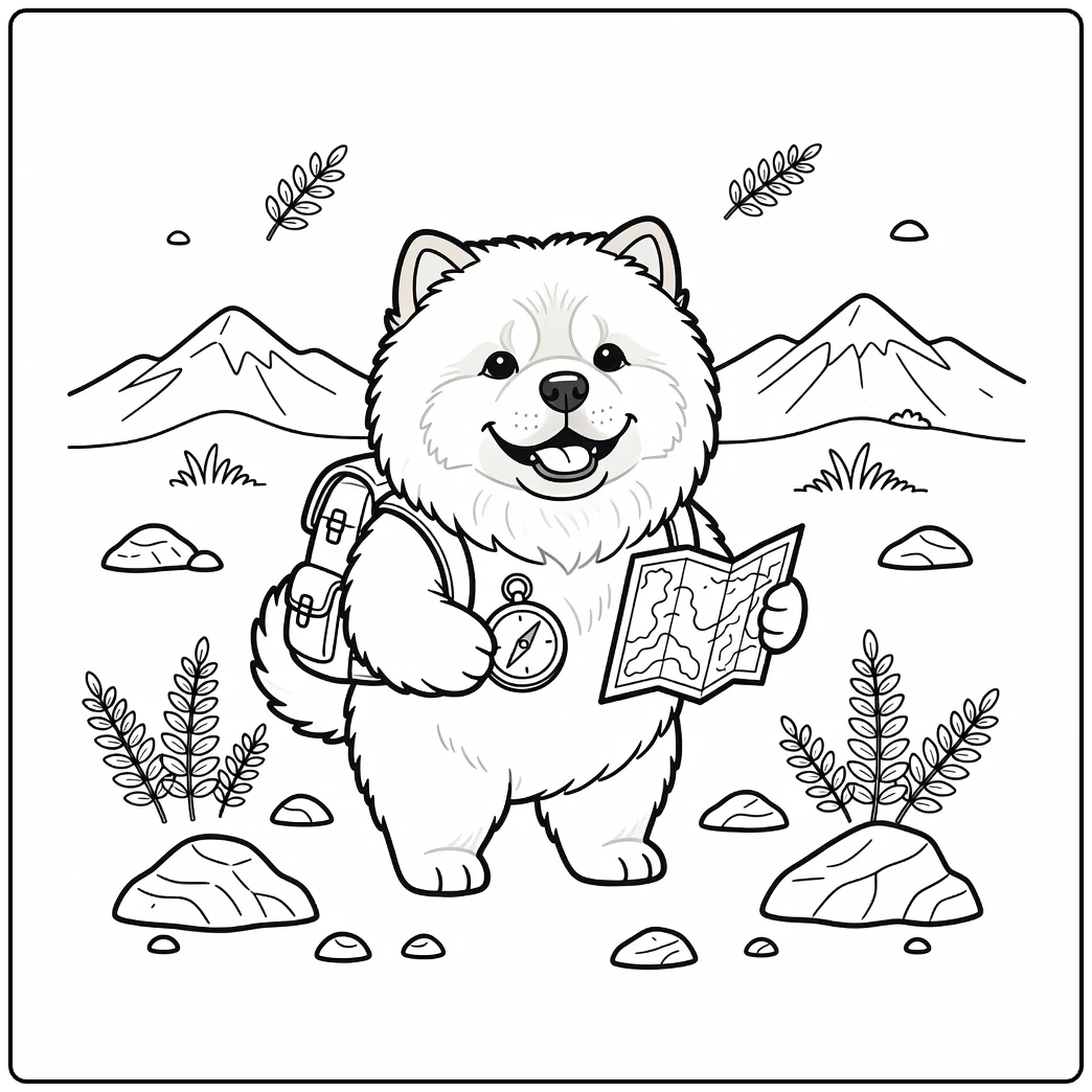 Explorer Chow Chow coloring page with backpack and mountains.