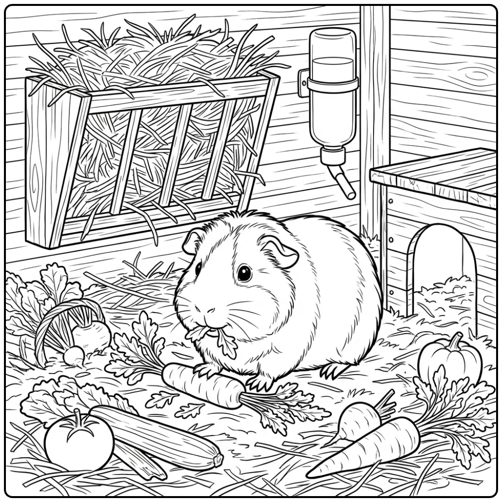 Animal coloring page: Guinea pig eating veggies in hay.