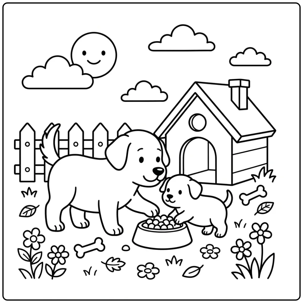 Mother and puppy feeding scene Dog coloring page.