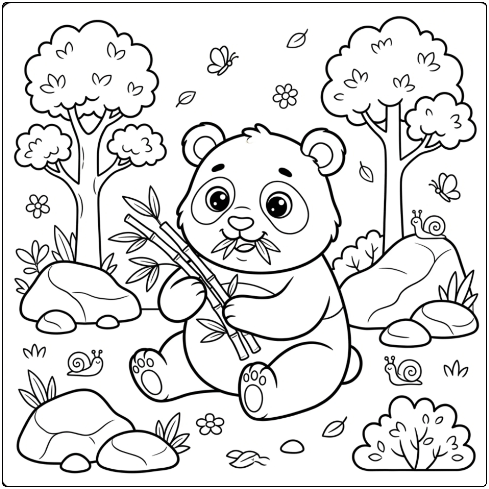Playful panda eating bamboo in habitat, a charming Zoo Animal coloring page.