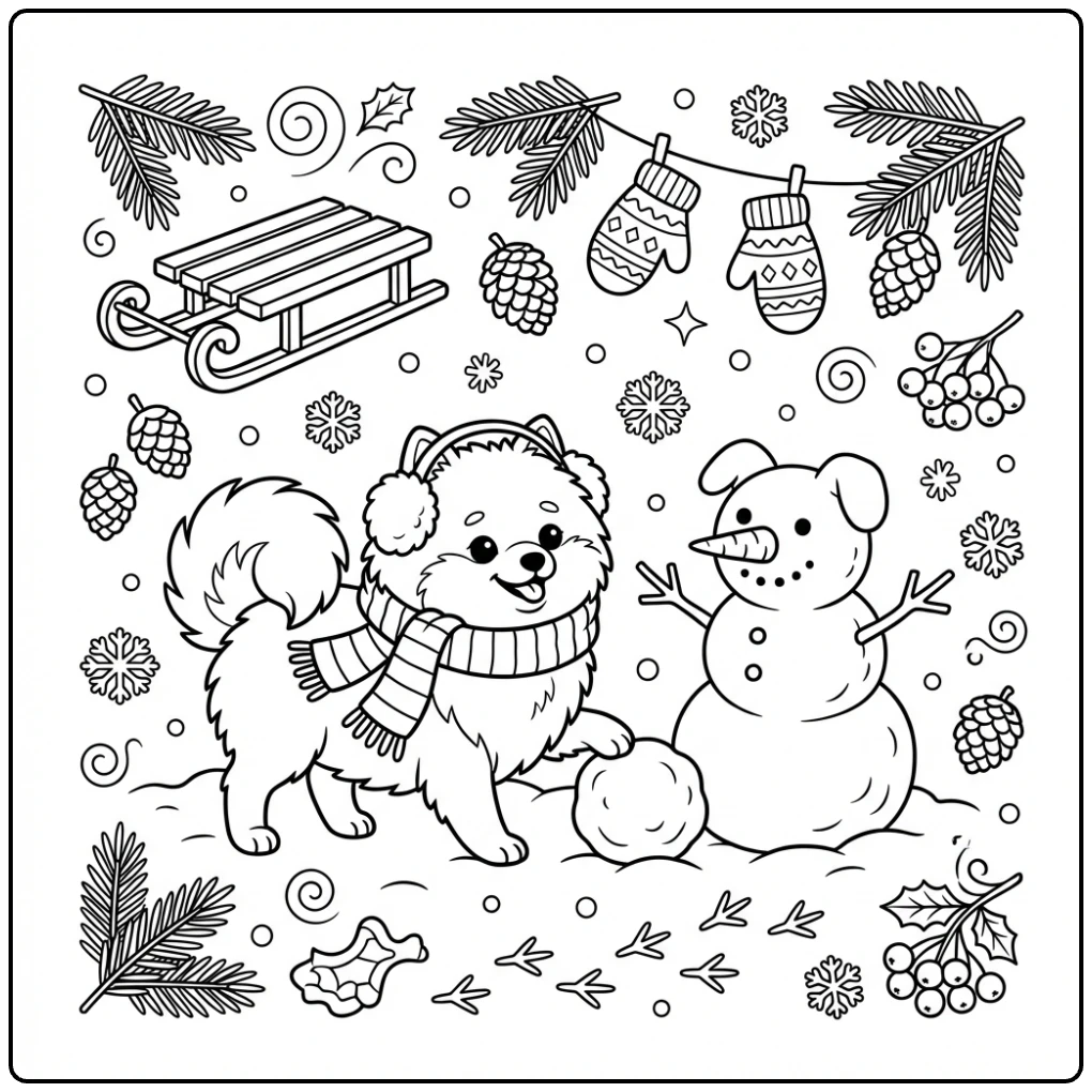 Winter fun Pomeranian coloring page with scarf and snow.