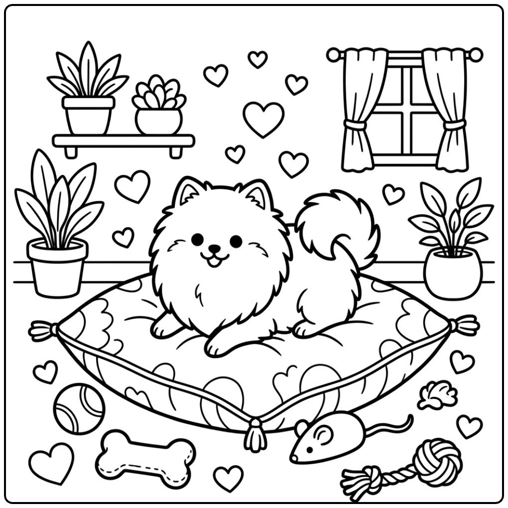 A Cute Pomeranian coloring page with a puppy on a soft cushion.