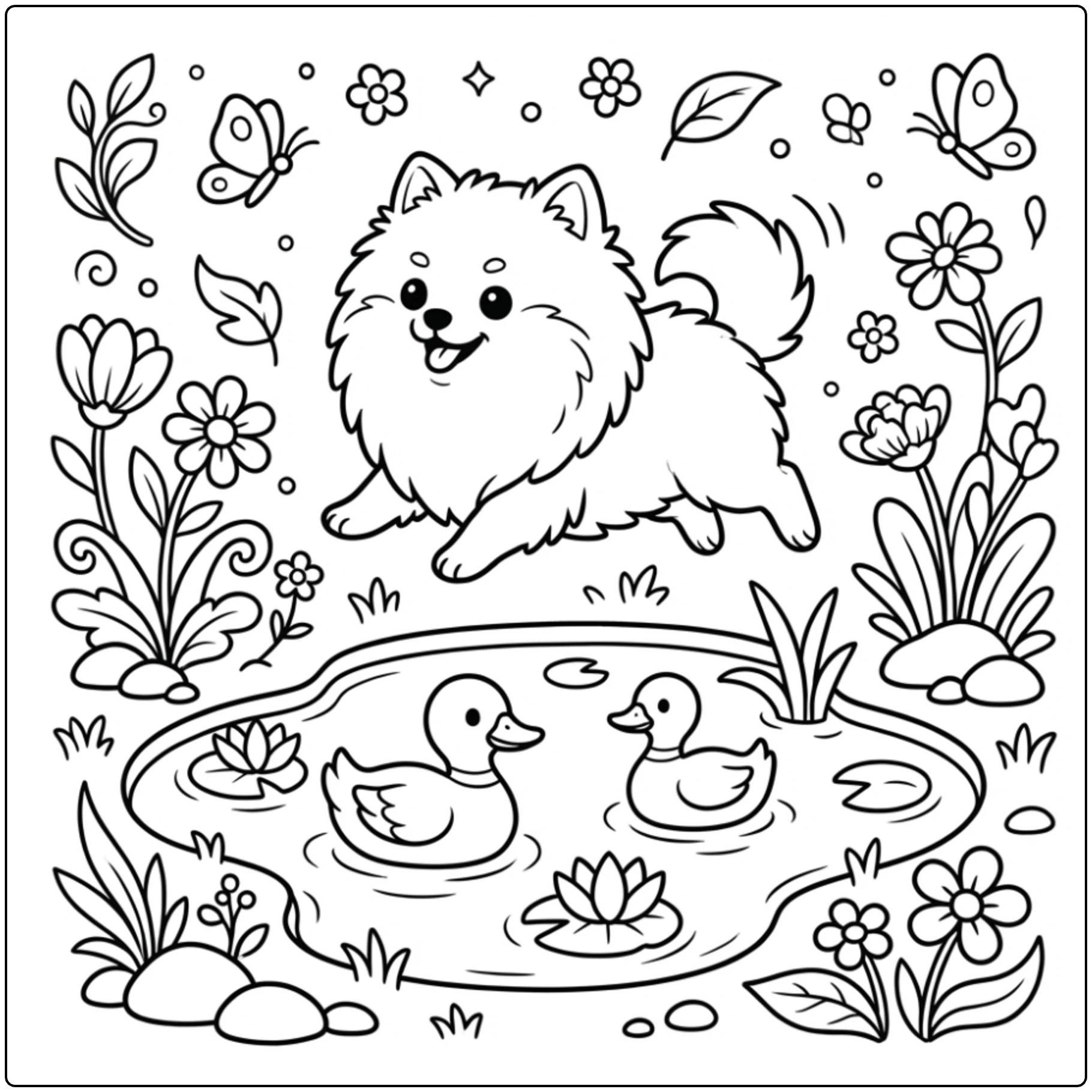 Cute Pomeranian coloring page with a jumping dog by a pond.