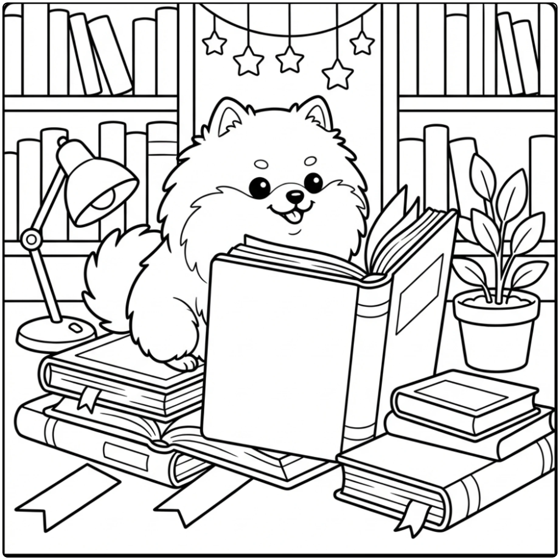 Cozy Pomeranian coloring page reading books