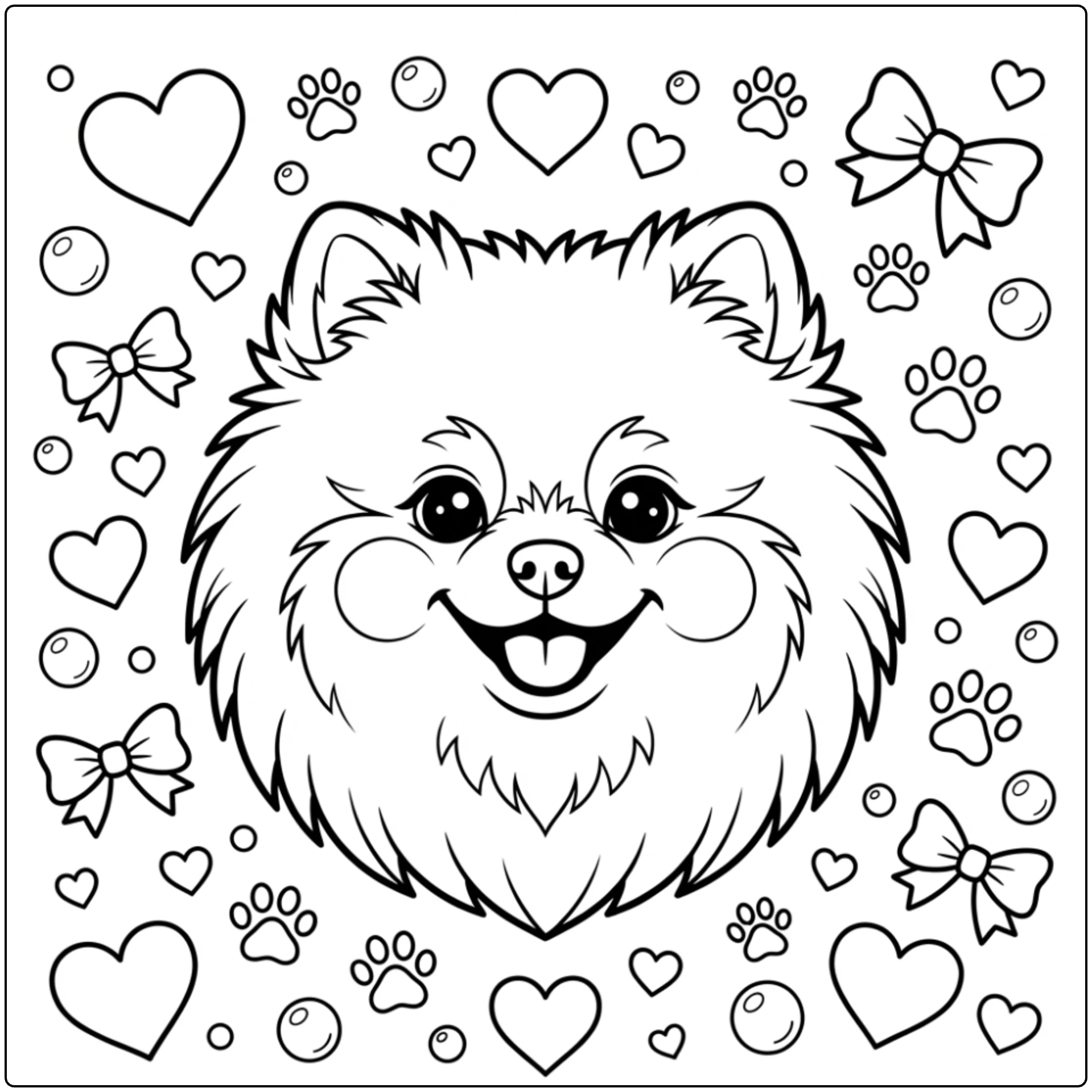 Close-up smiling Pomeranian coloring page with hearts.