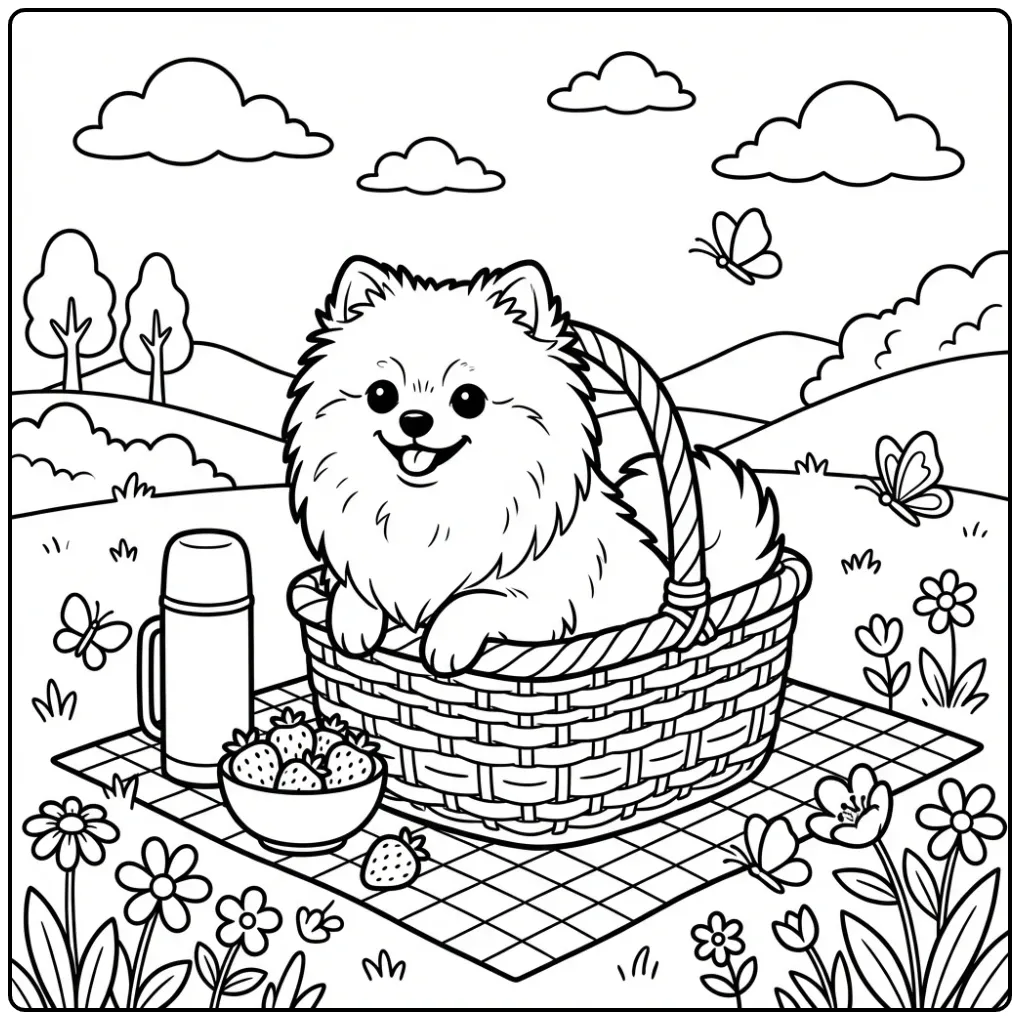 Dog coloring page showing a Pomeranian in a picnic basket.