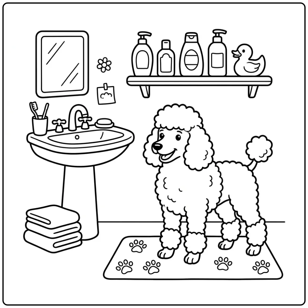 Cute curly poodle bathroom scene Dog coloring page.