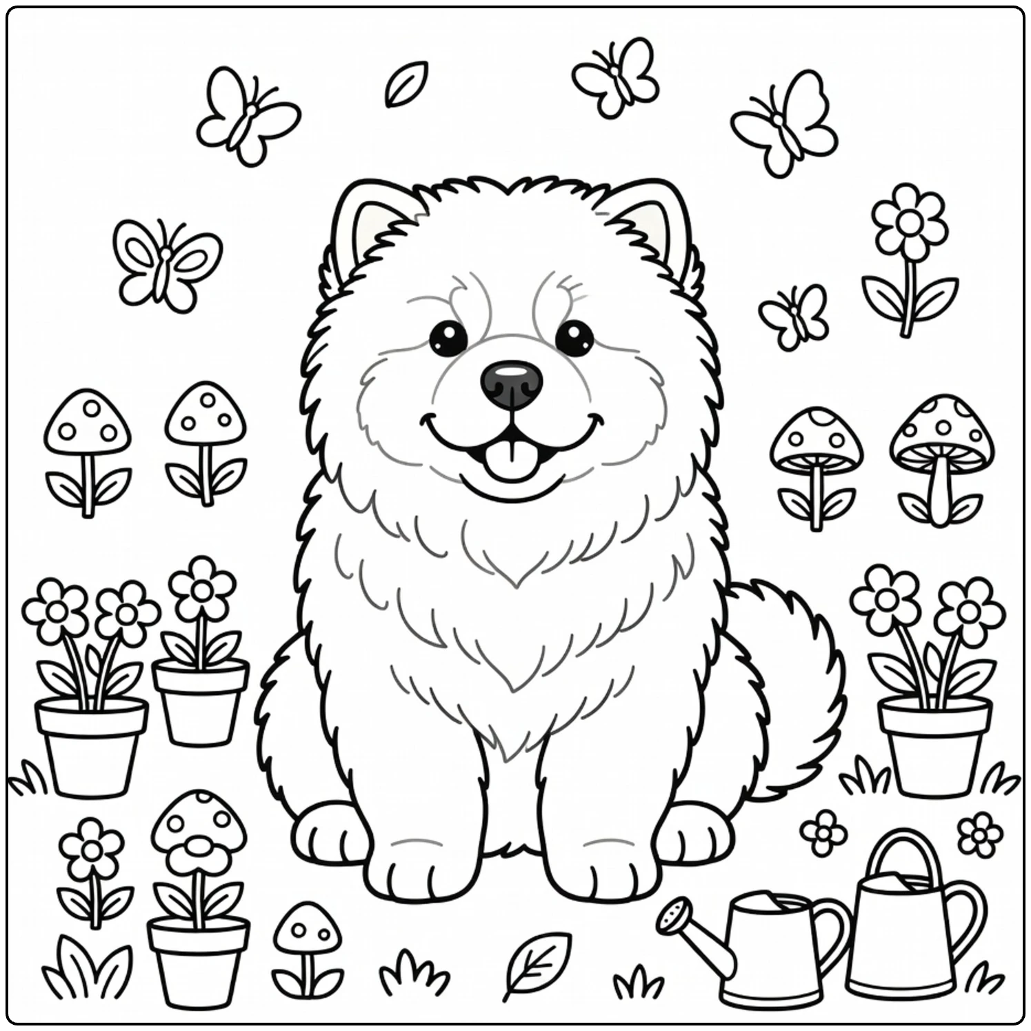 Fluffy garden Chow Chow coloring page with butterflies.