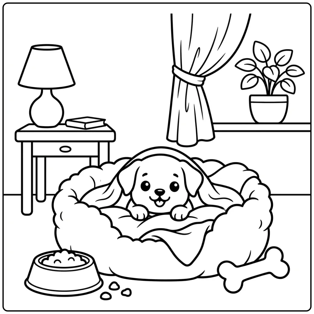Dog coloring page showing a tiny puppy peeking from a bed.