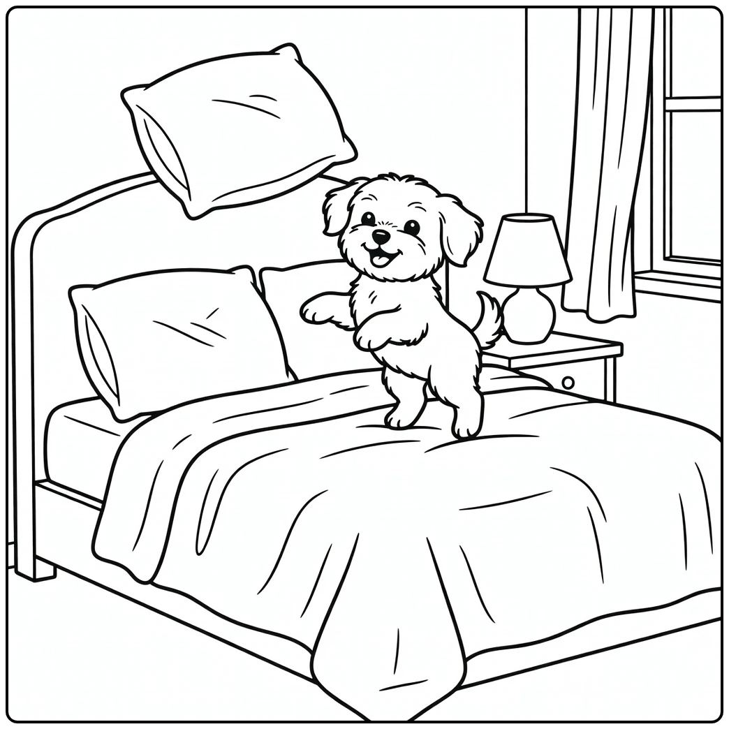 A playful puppy on a bed for a fun maltese coloring page.