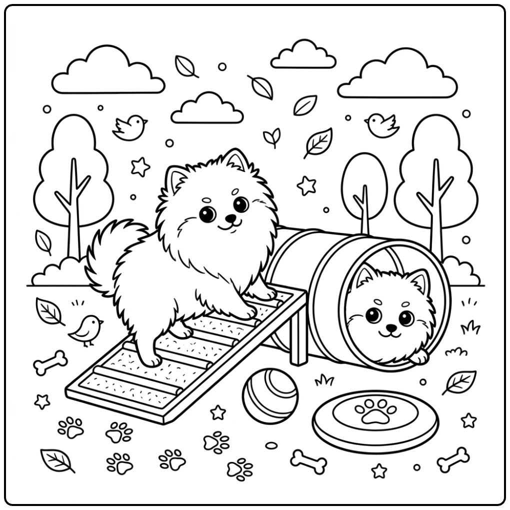 Playful dog on a ramp Pomeranian coloring page.