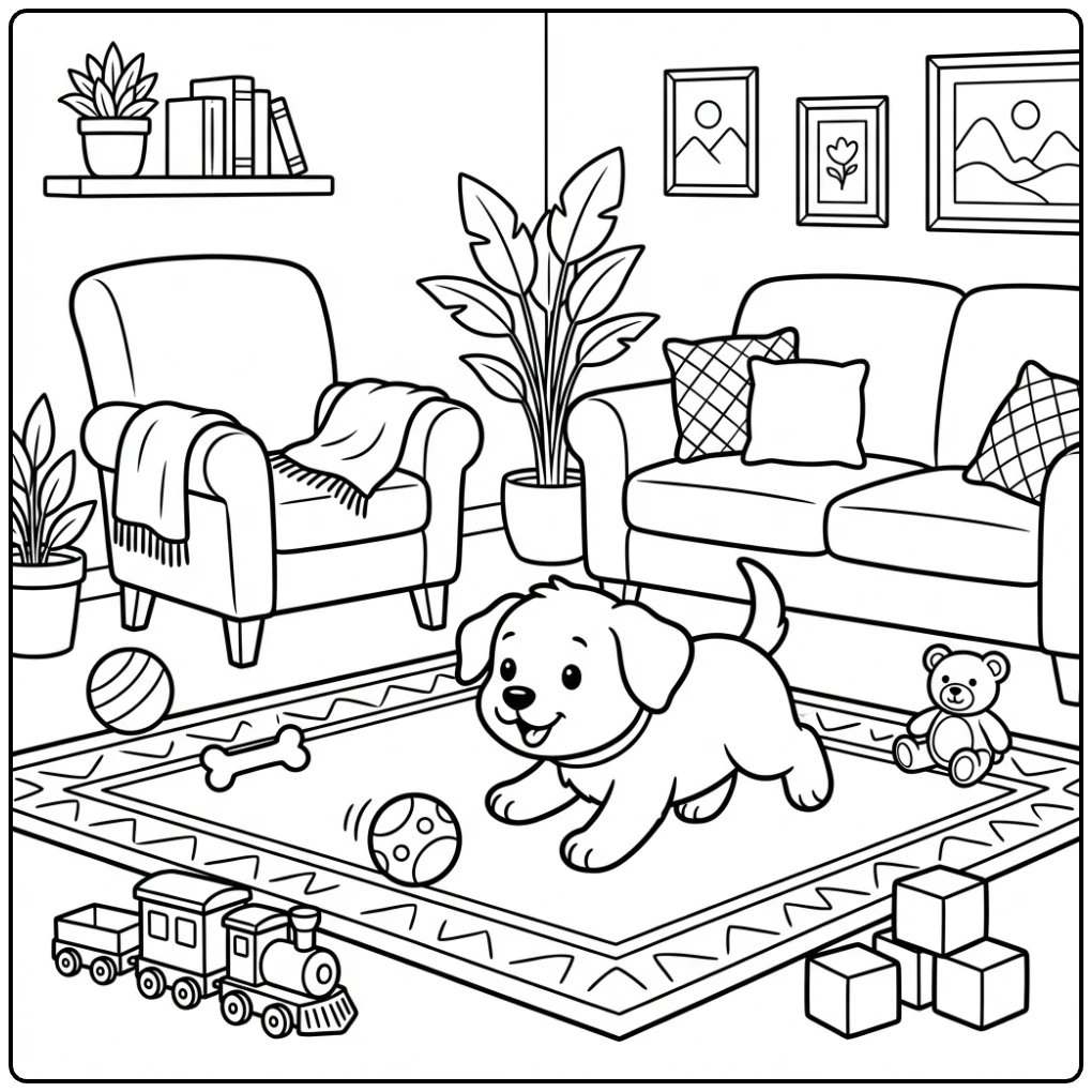 Playful puppy chasing a ball in a cozy living room, Pet Animals coloring page.