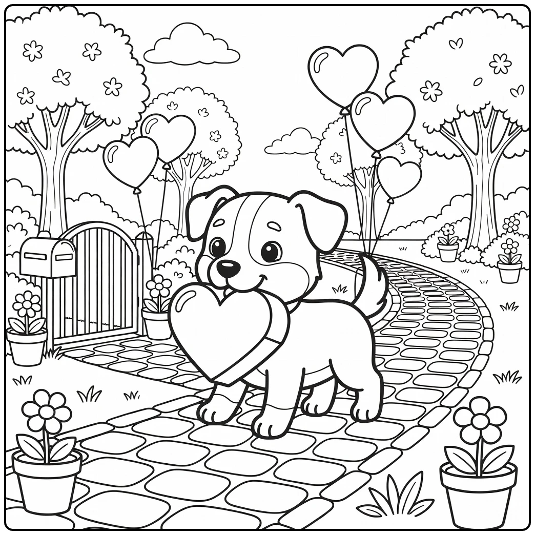Adorable valentine dog coloring page with a heart box delivery.