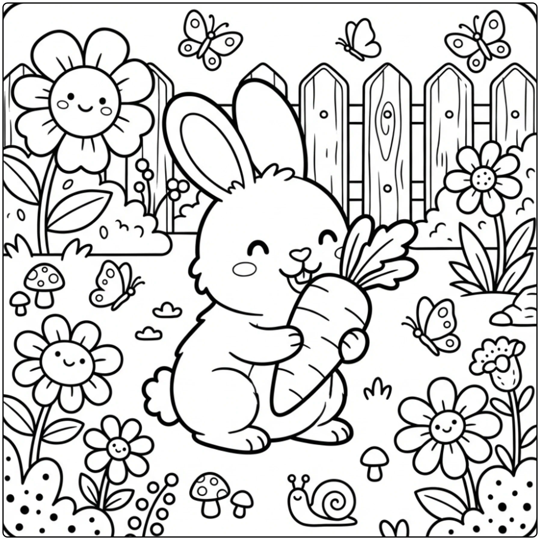 Fluffy rabbit Pet Animals coloring page nibbling a carrot in garden.
