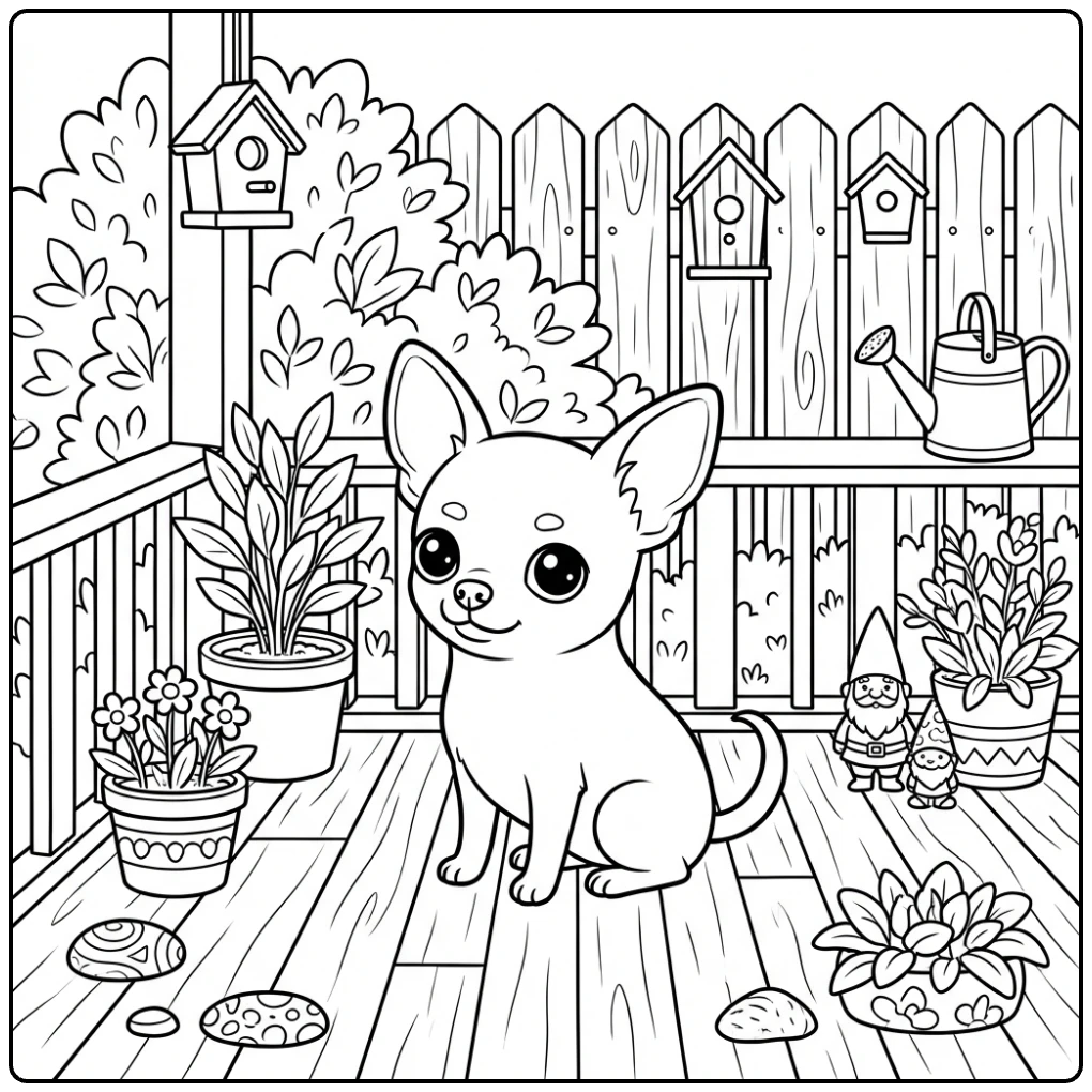 Realistic Chihuahua coloring page on a porch with plants and gnomes.