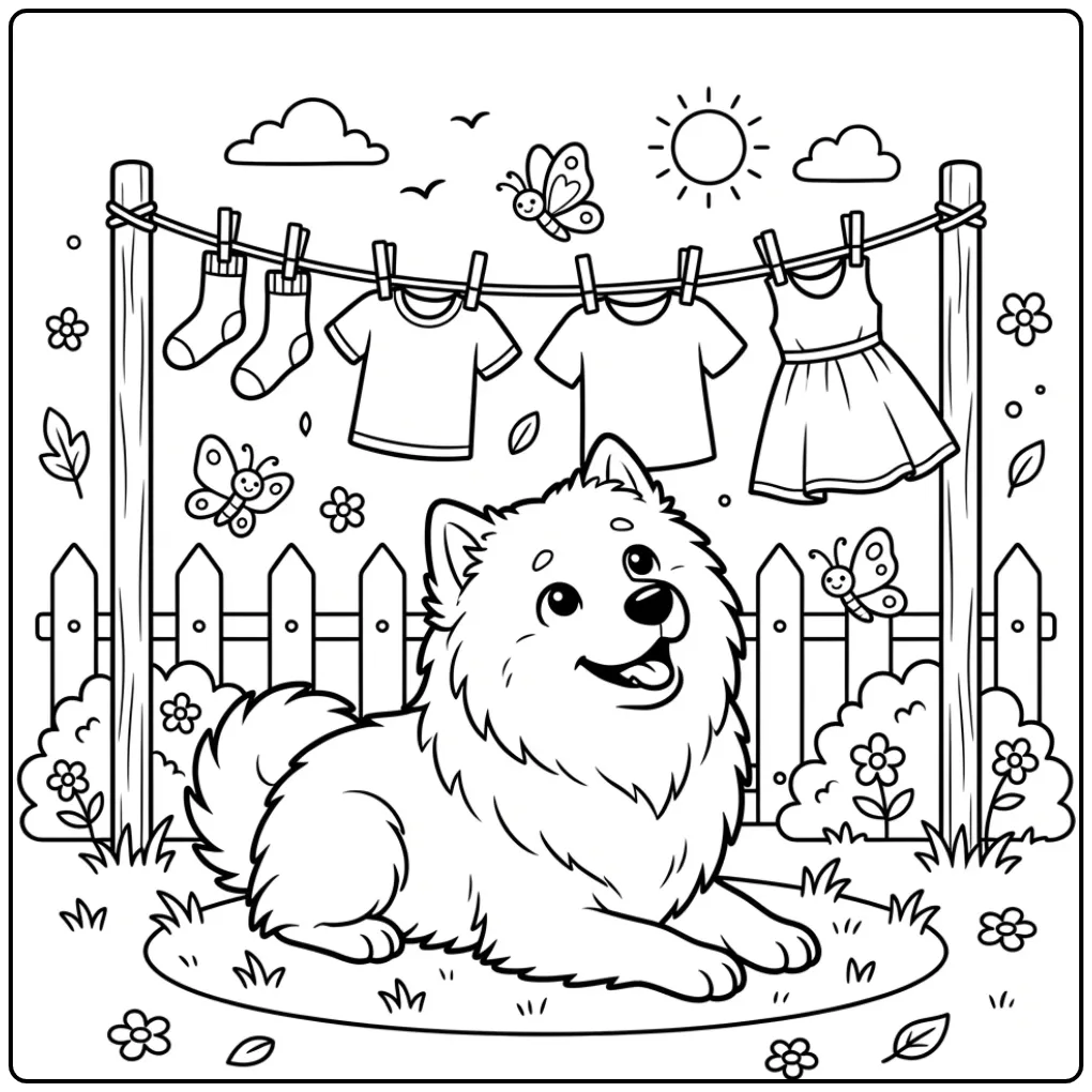 Fluffy Samoyed dog coloring page under a clothesline.
