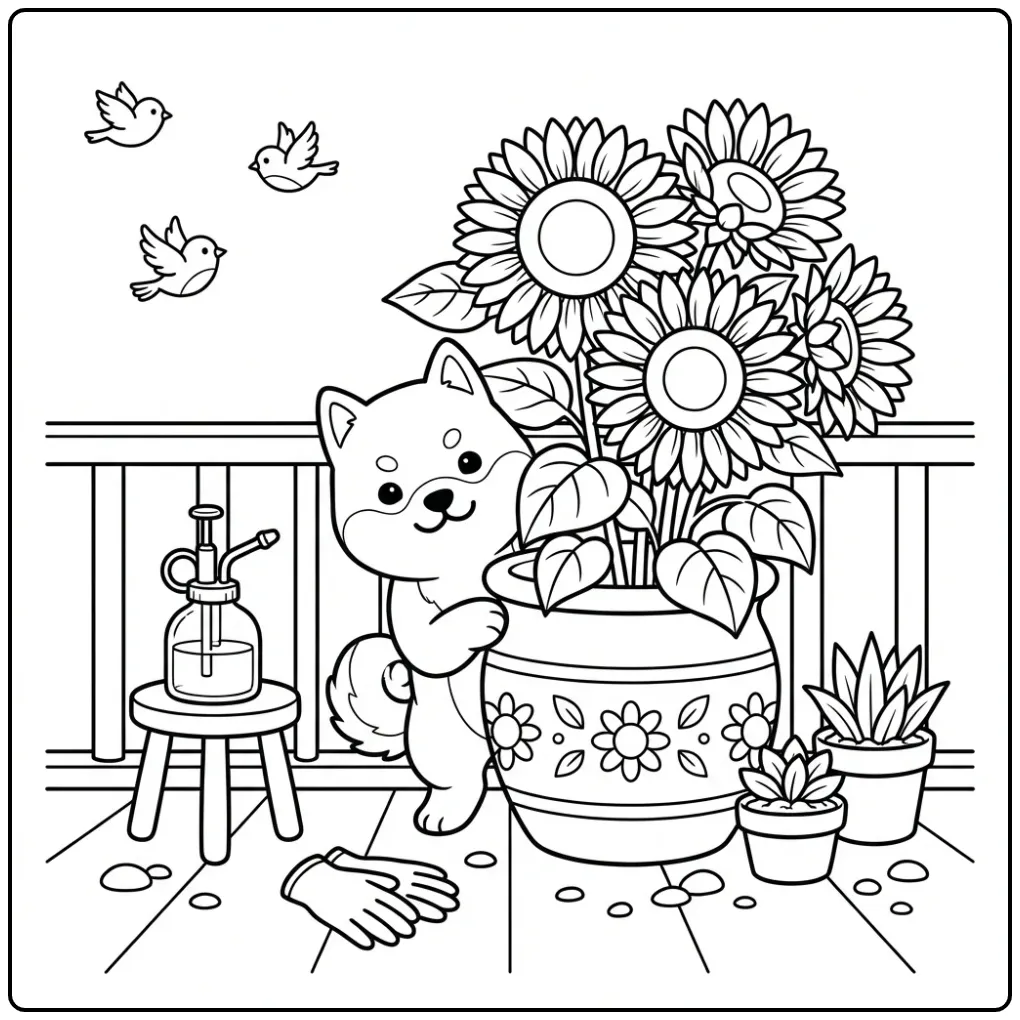 Dog coloring page of a Shiba Inu puppy behind a sunflower pot