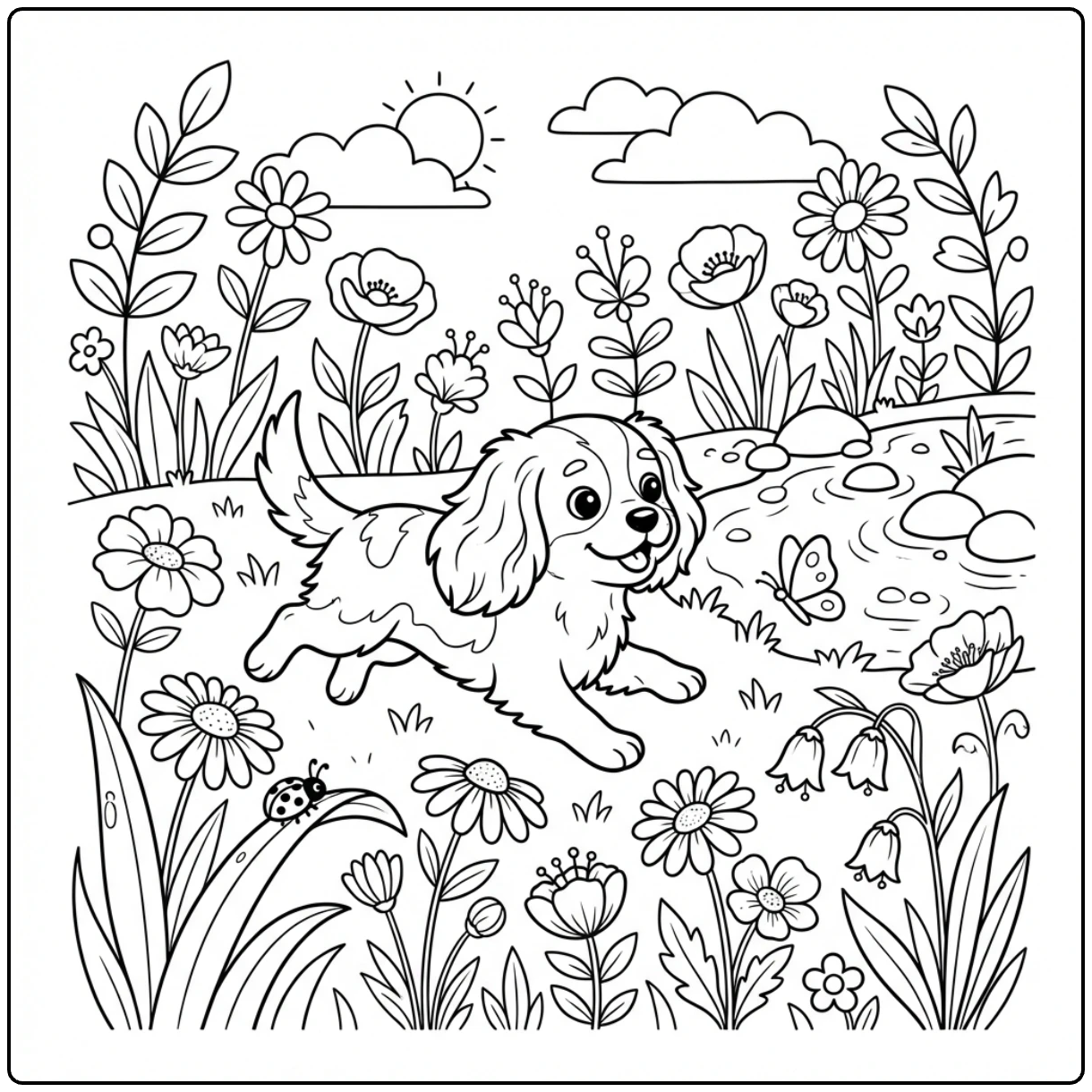 Simple Cavalier King Charles Spaniel coloring page outdoors