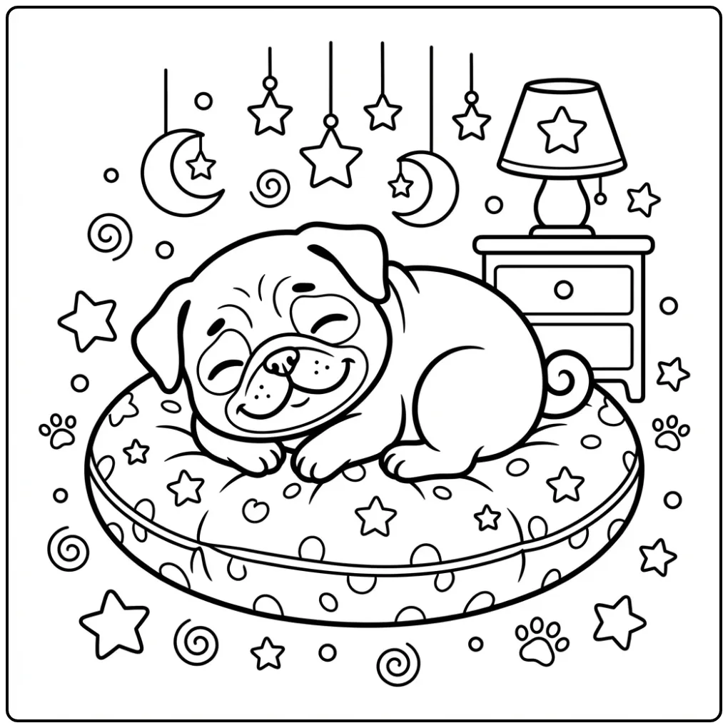 Dog coloring page of a sleepy pug puppy on a cushion.