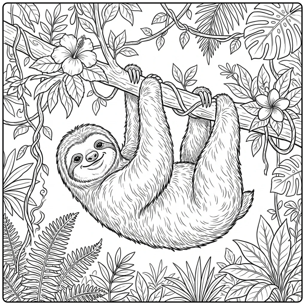 Relaxed sloth hanging on a branch Animal coloring page