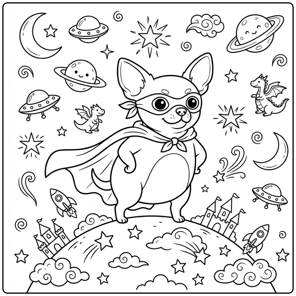 Superhero dog with cape on a hill Chihuahua coloring page
