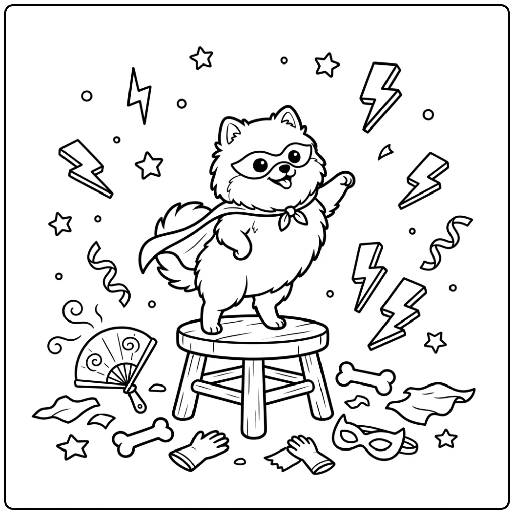 Superhero dog with cape: Pomeranian coloring page.