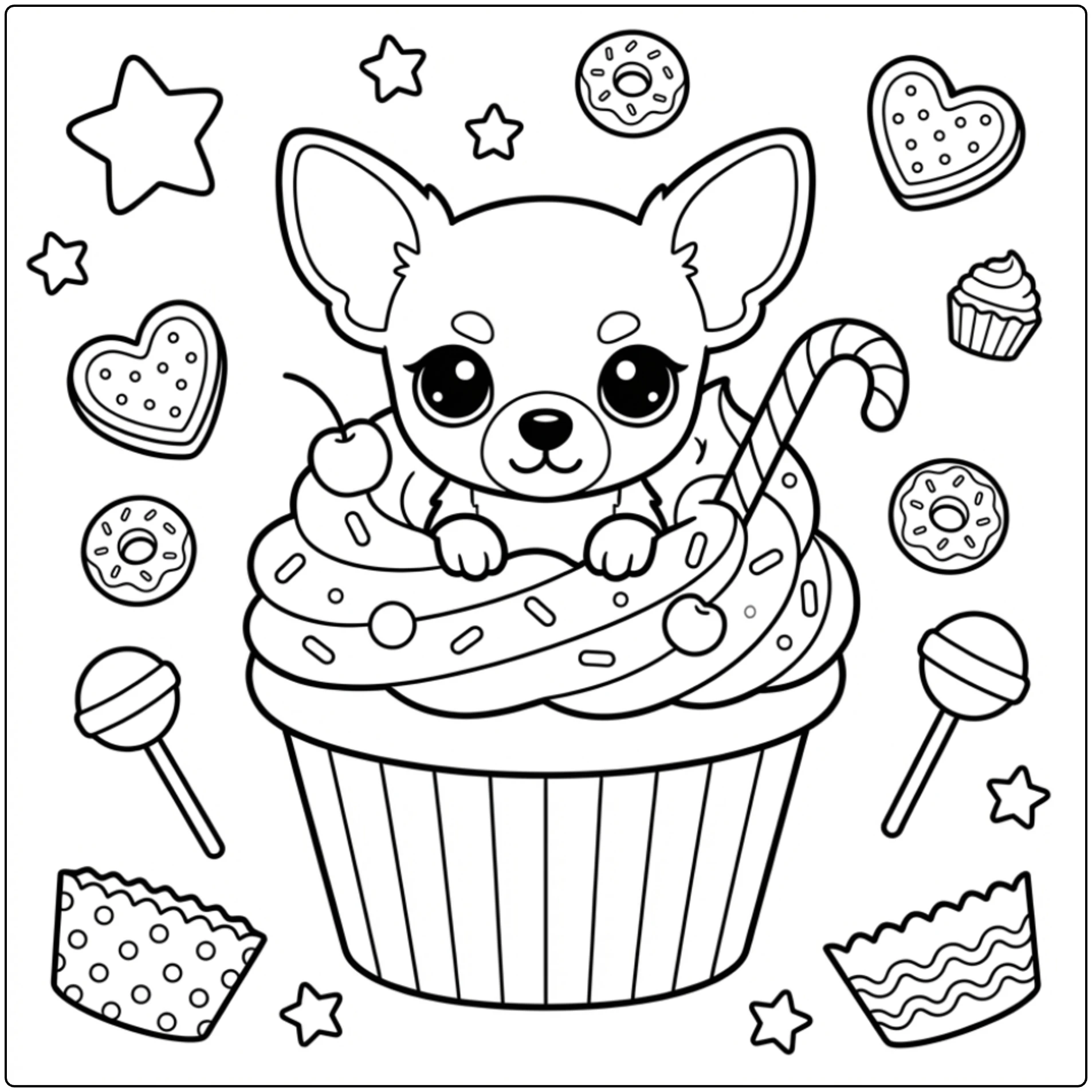 Teacup Chihuahua coloring page with puppy in frosted cupcake