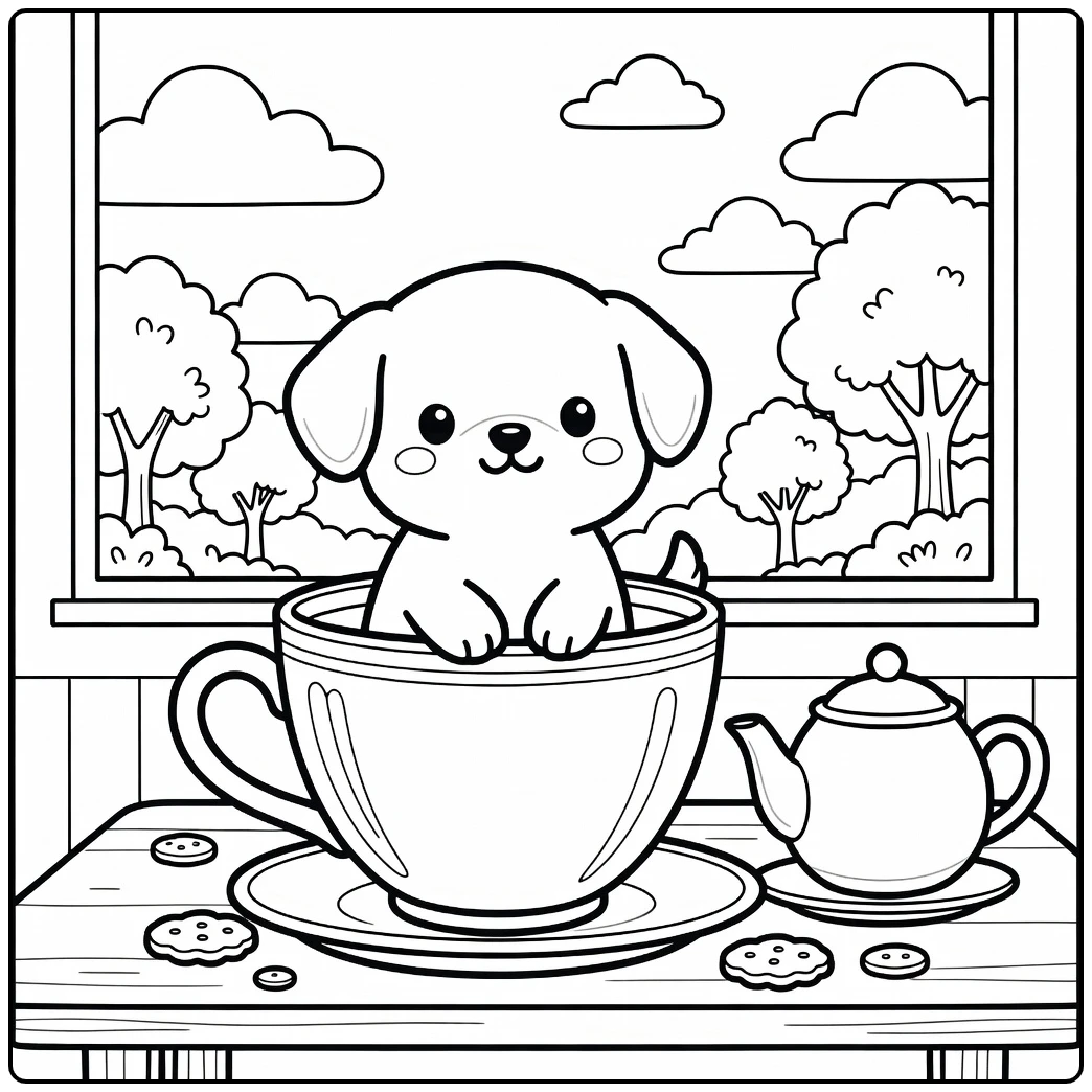 Adorable puppy sits in a teacup on a chibi dog coloring page.