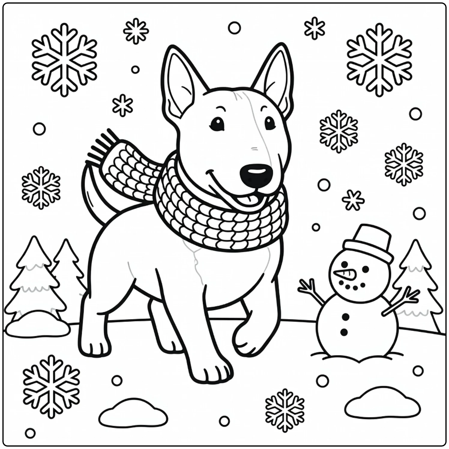 Snowy Bull Terrier coloring page with scarf and snowman.