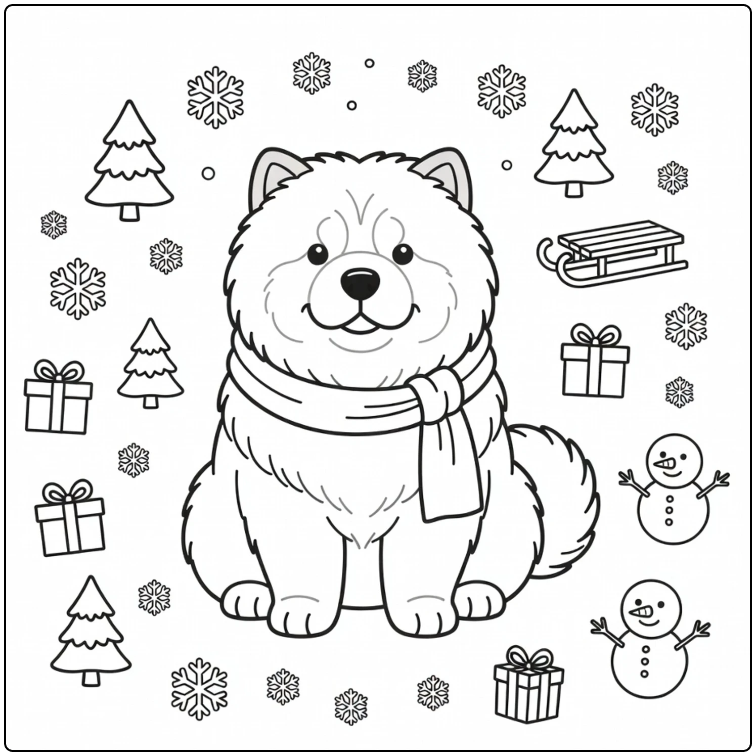 Winter scene Chow Chow coloring page with snowman and gifts