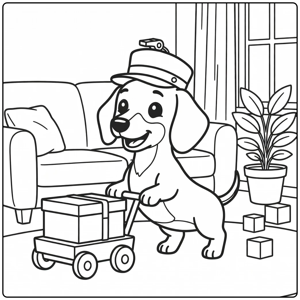 A Dachshund conductor pulls a wagon on this cute dog coloring page.