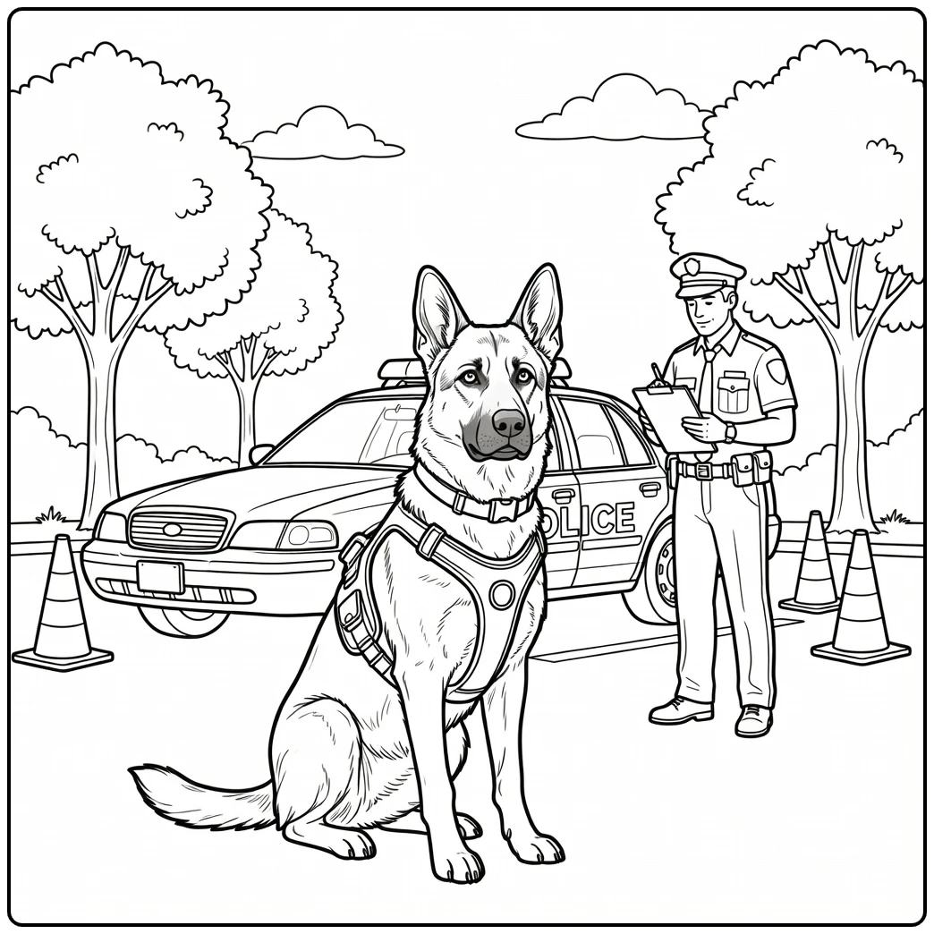 Alert K9 police dog coloring page beside patrol car and officer.