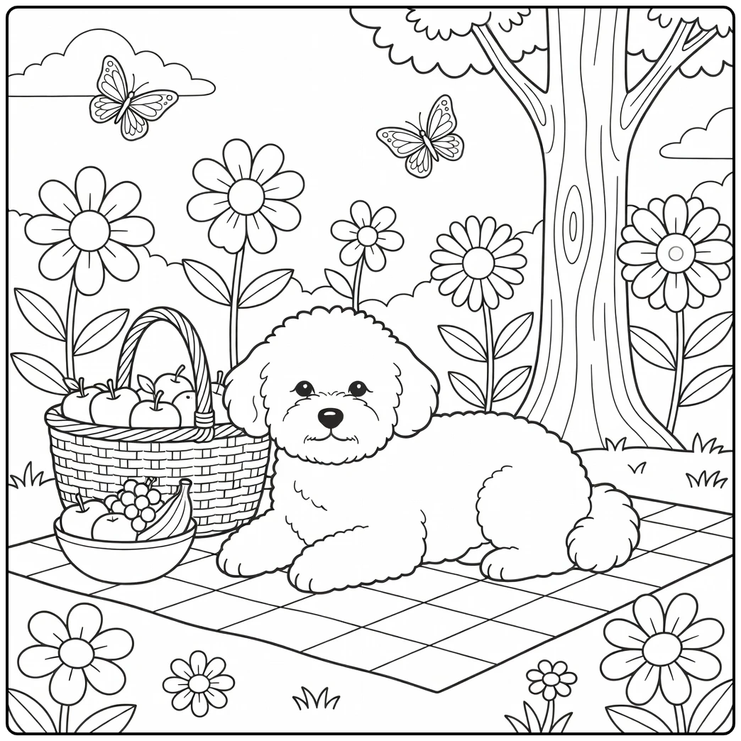 Charming bichon frise coloring page resting in a garden with picnic items.