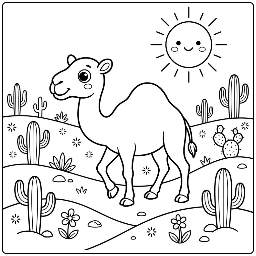 Cute camel desert Land Animal coloring page with cactus & sun