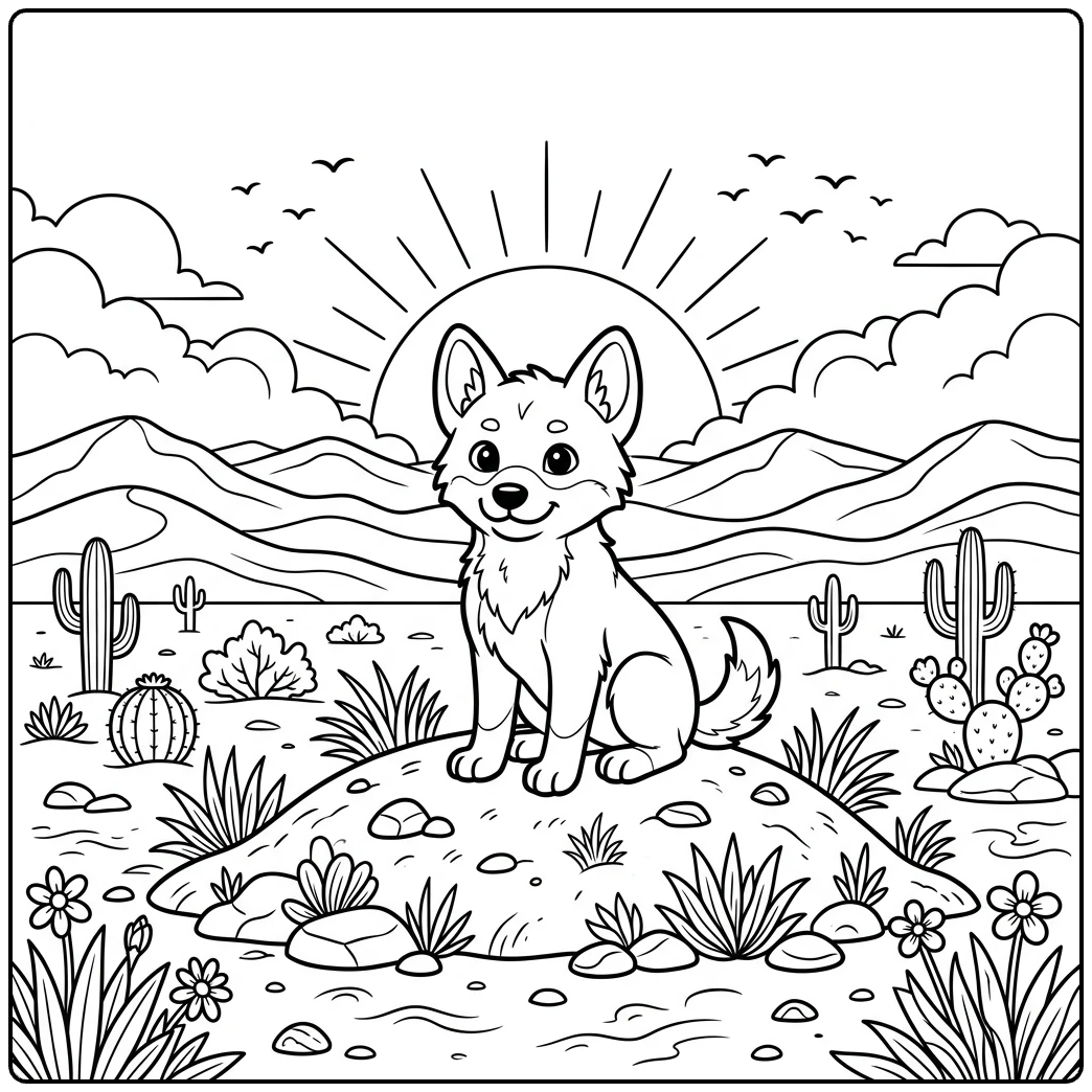 Proud young dingo on a desert hill, sunrise, birds. Dingo coloring page.