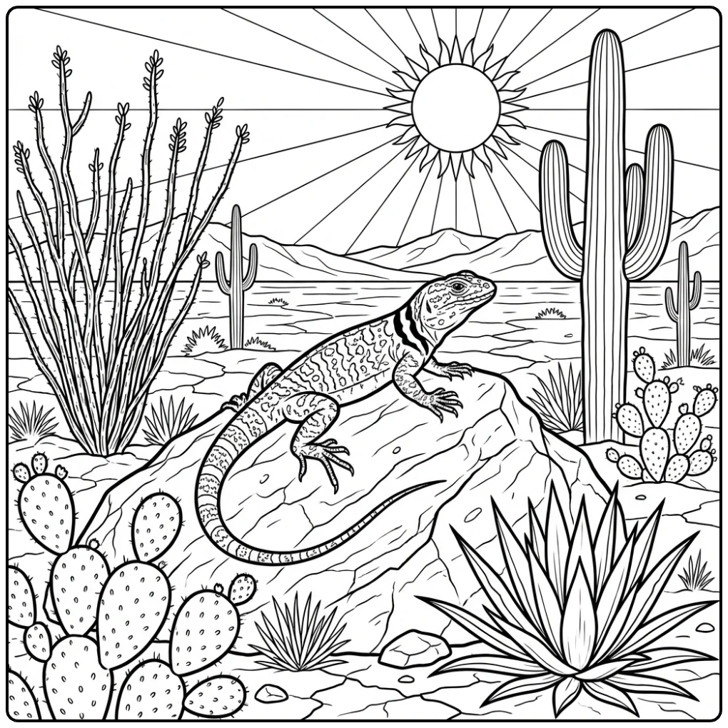 Animal coloring page of a lizard basking on a desert rock.