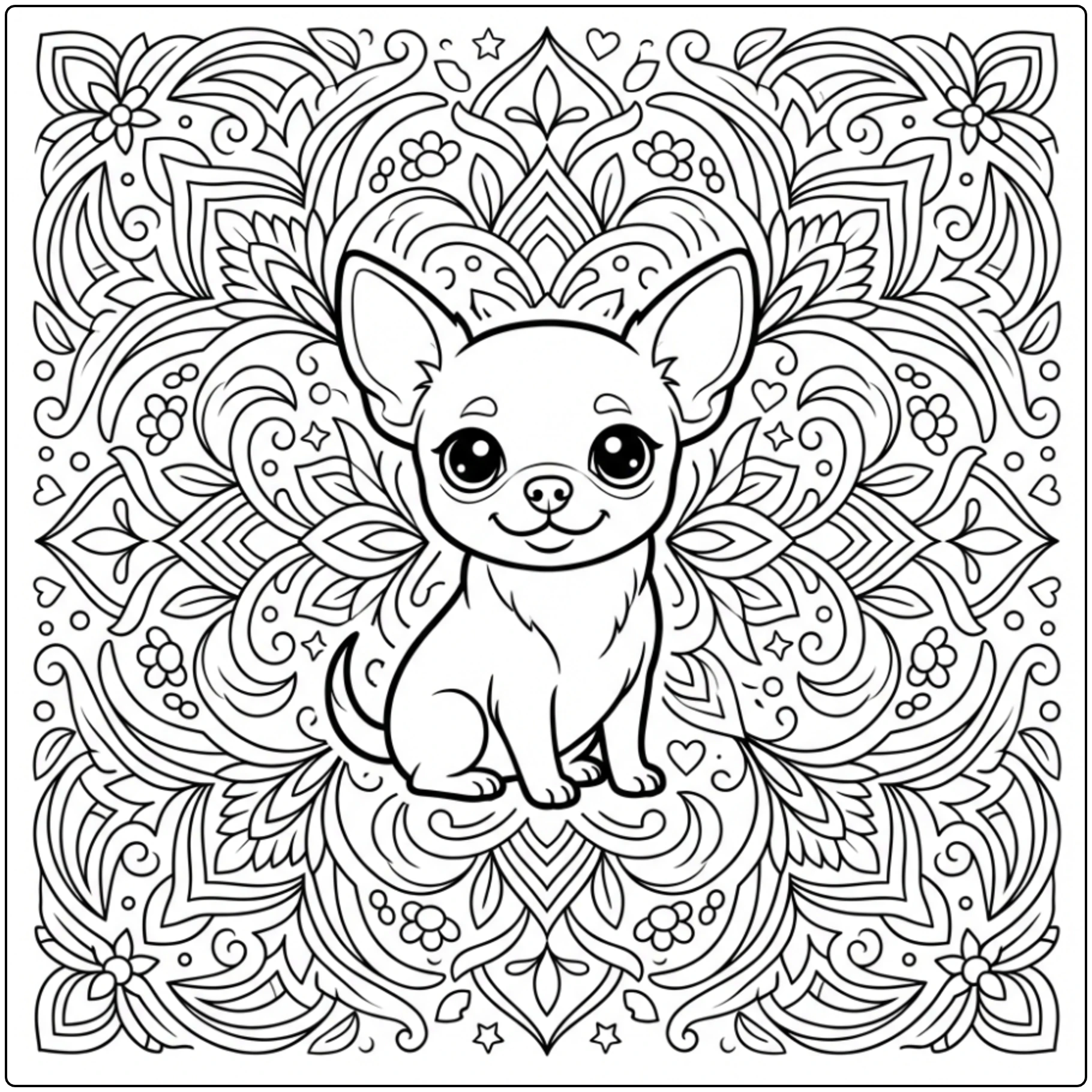 Chihuahua coloring page for adults with intricate mandala background.