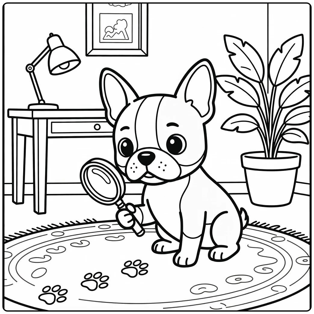 A cute dog coloring page of a Boston Terrier playing detective.