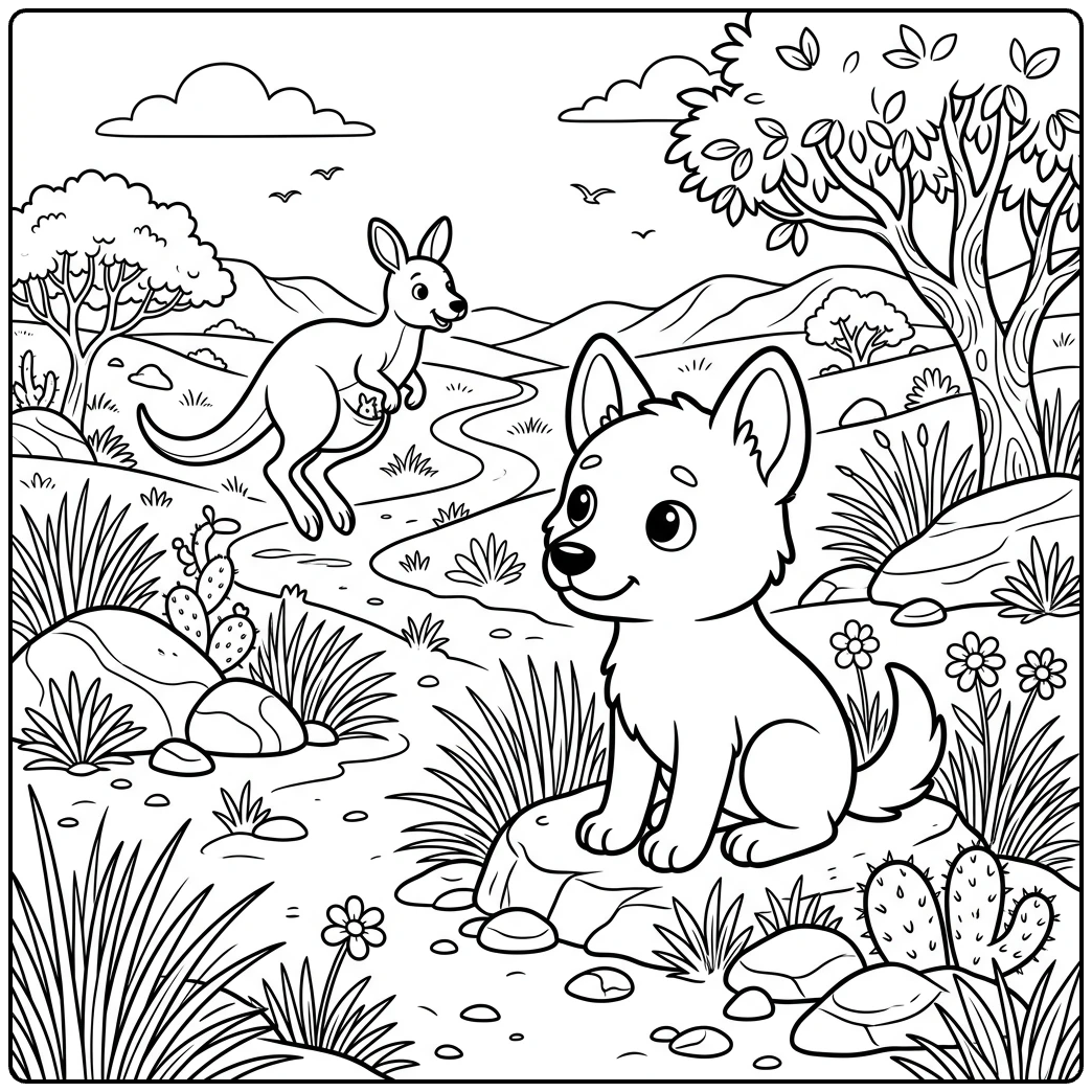 Dingo coloring page: Curious pup watches a hopping kangaroo in desert.