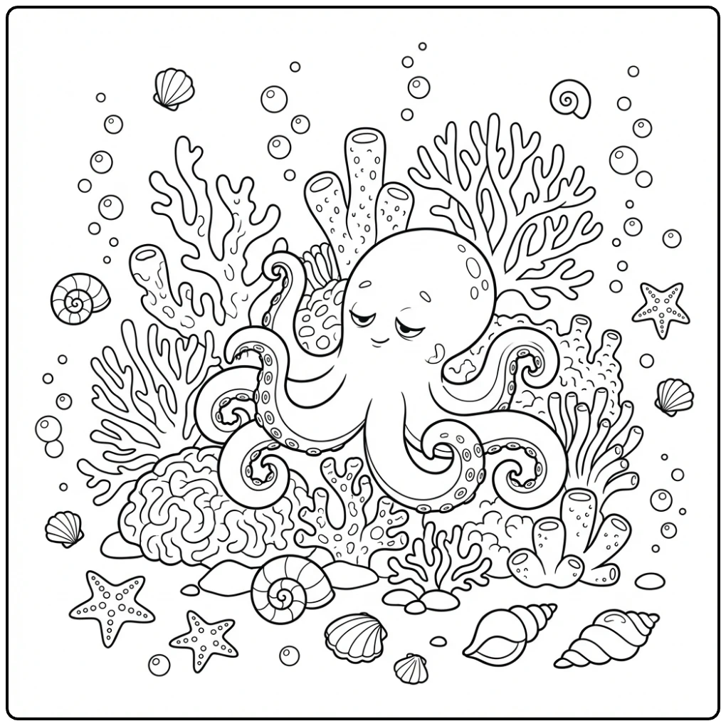 Friendly octopus rests in a Coral Reef Animals coloring page scene