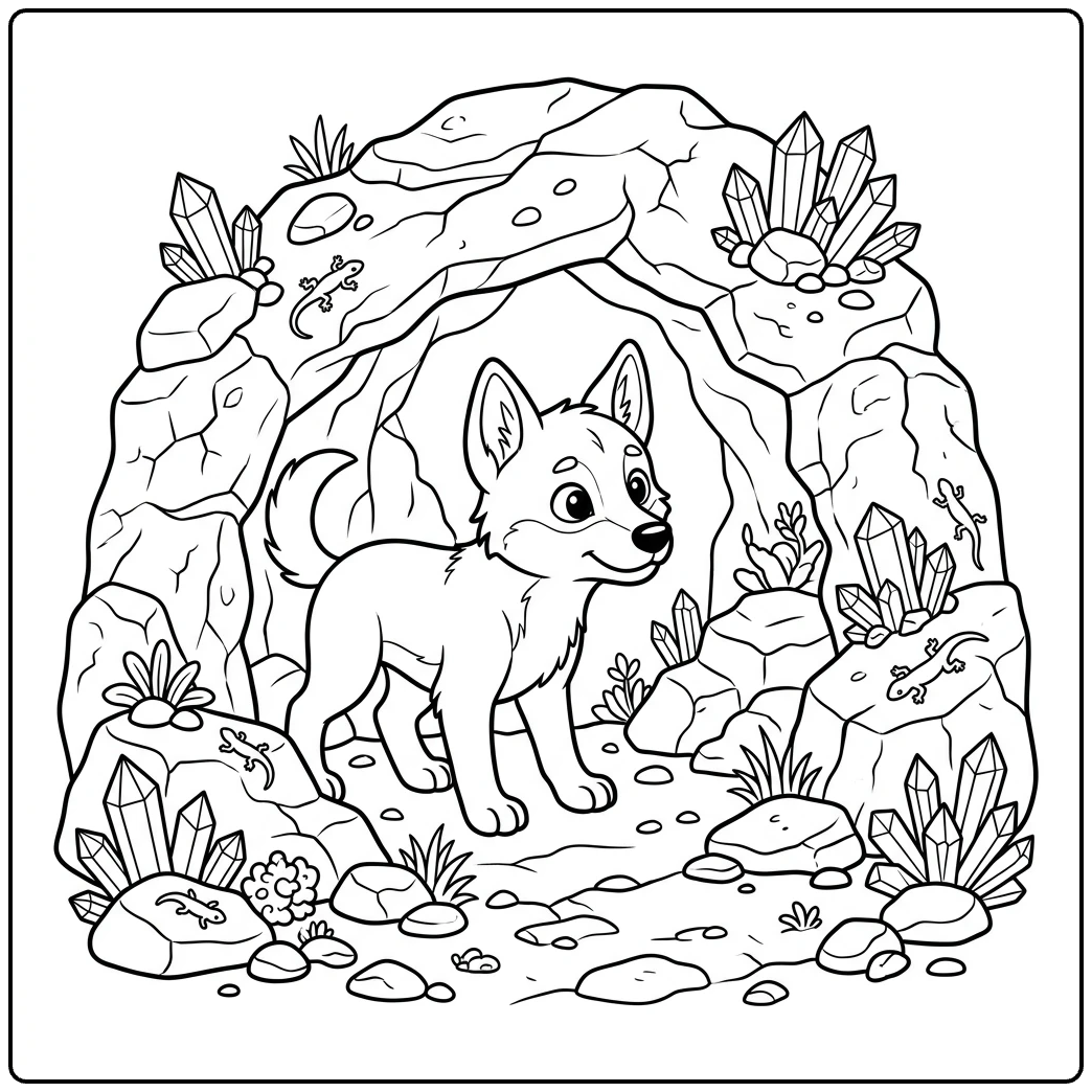 Cute Dingo coloring page exploring a rocky desert cave entrance.