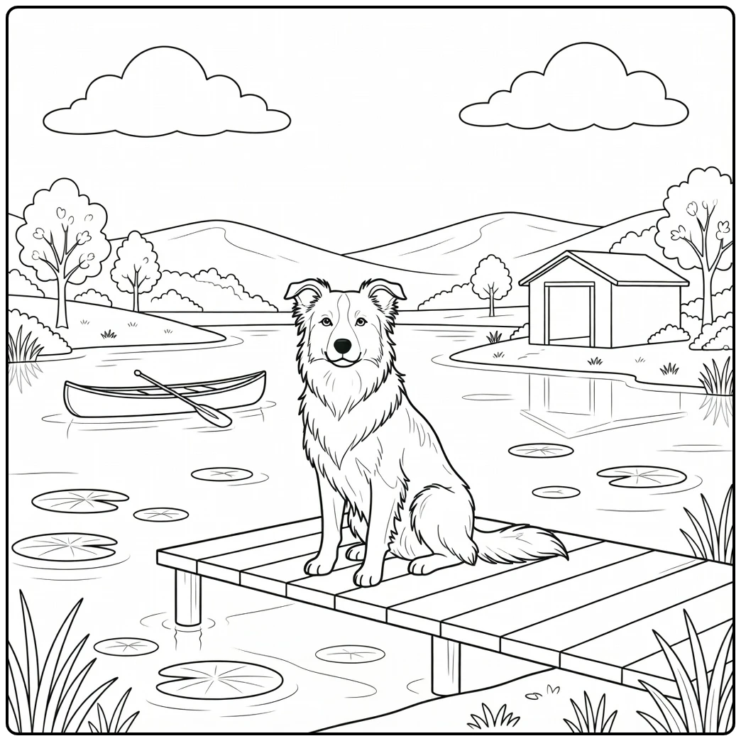 Serene border collie coloring page on dock by calm lake scene