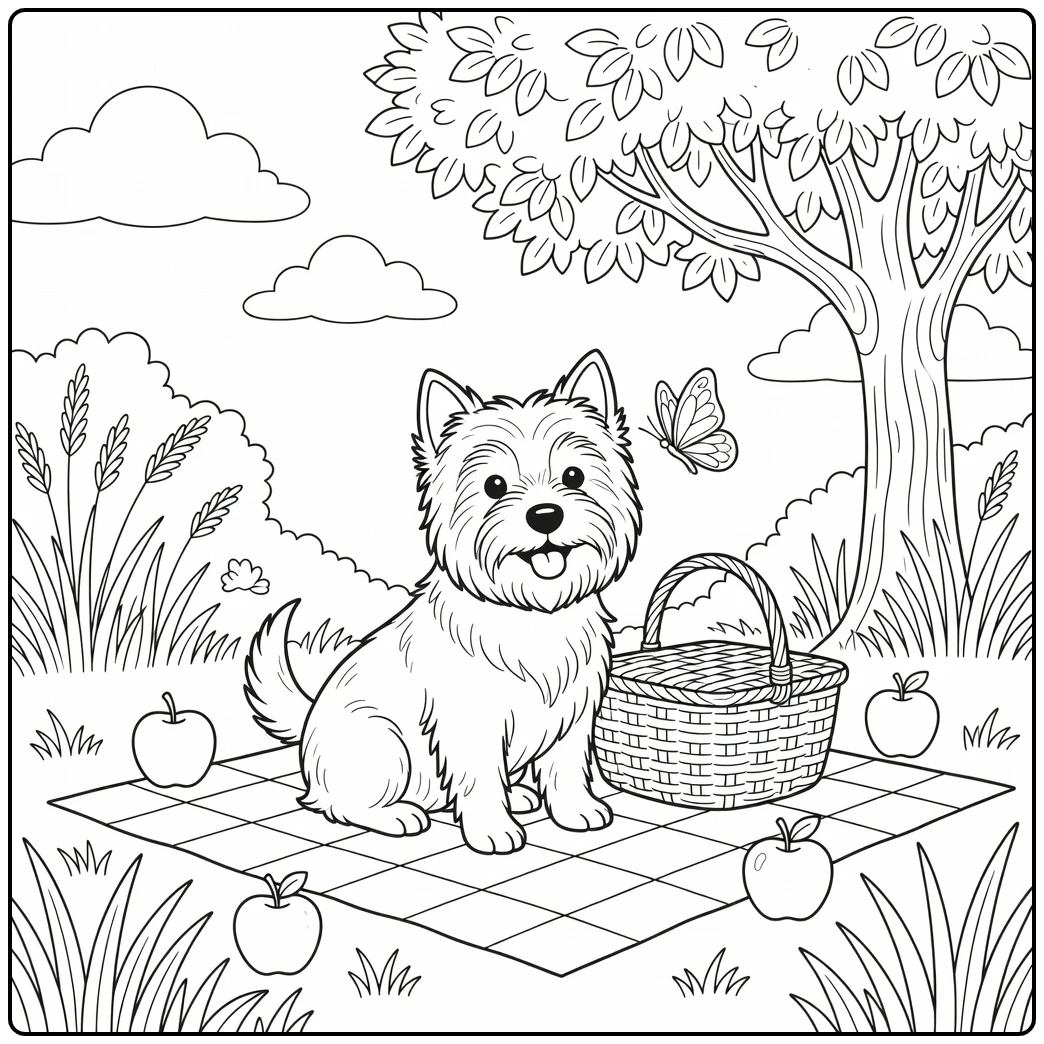 A cute cairn terrier coloring page with a butterfly and picnic.