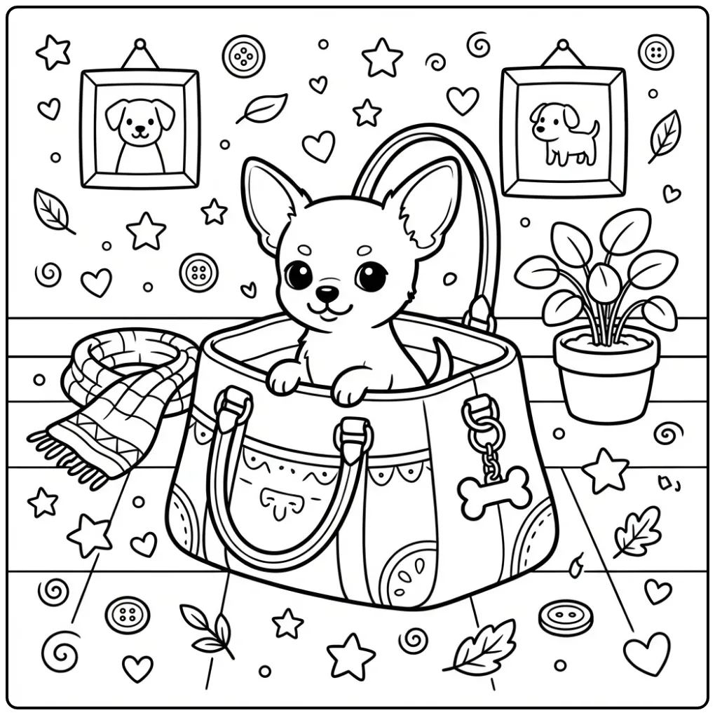 Cute Chihuahua puppy inside a handbag Dog coloring page.