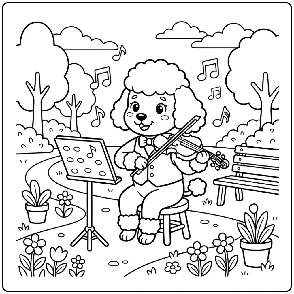 Cute poodle playing the violin dog coloring page.