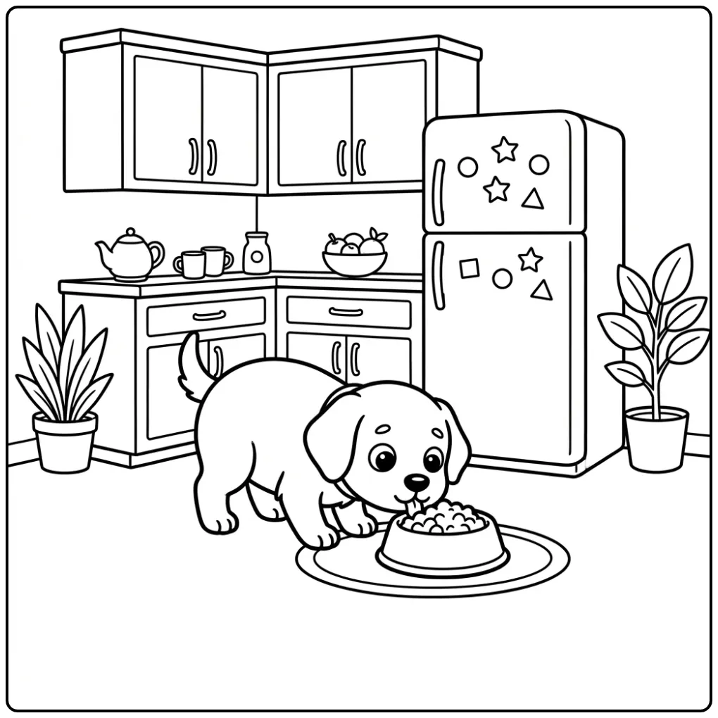 Cute puppy in kitchen Dog coloring page for kids.